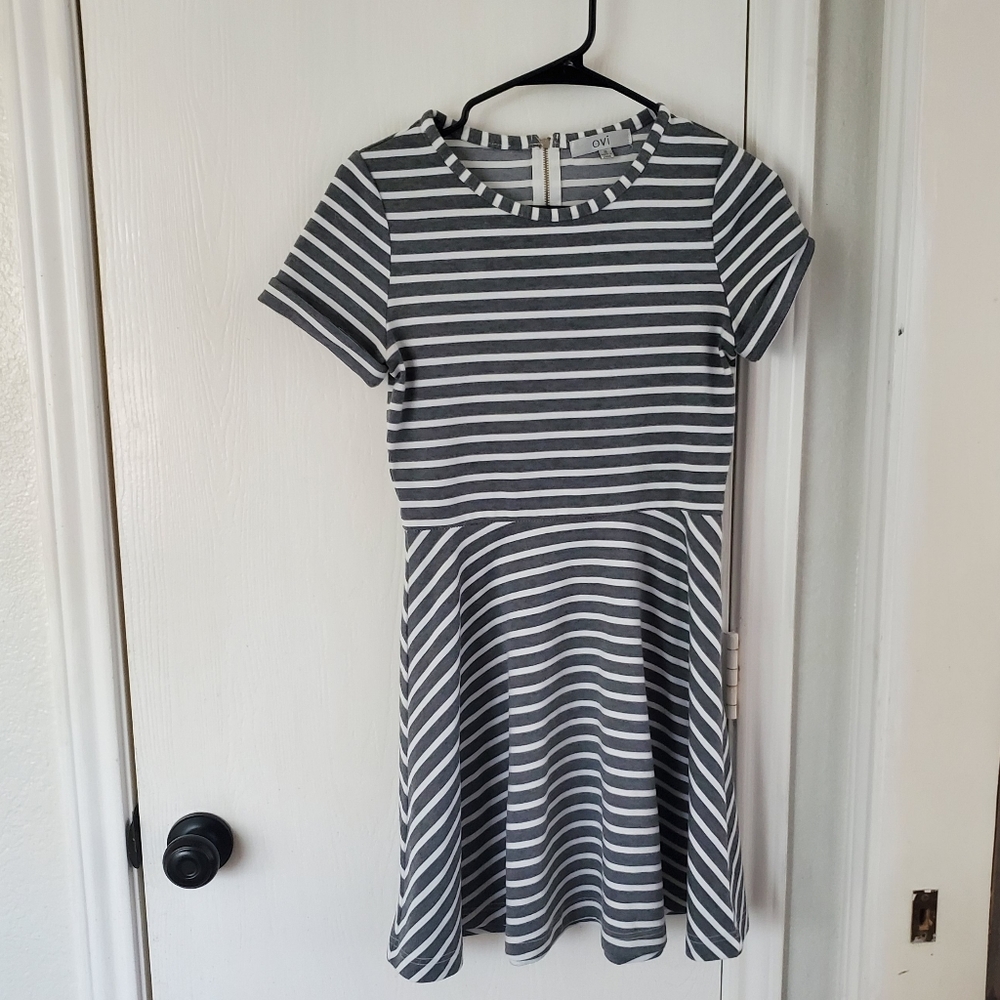 Gray and White Striped Ovi Dress A-Line Small